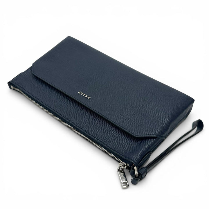 極美品▲BALLY バリー LEDDON ロゴ金具 ポーチ付 レザー クラッチバッグ ネイビー シルバー金具 箱・保存袋付き ブルガリア製 メンズ