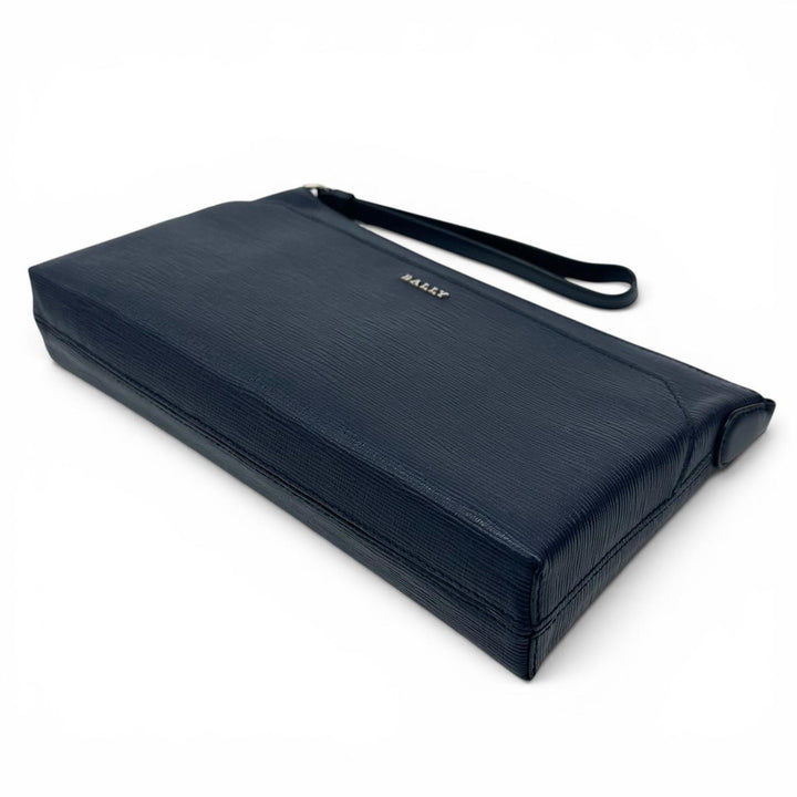 極美品▲BALLY バリー LEDDON ロゴ金具 ポーチ付 レザー クラッチバッグ ネイビー シルバー金具 箱・保存袋付き ブルガリア製 メンズ