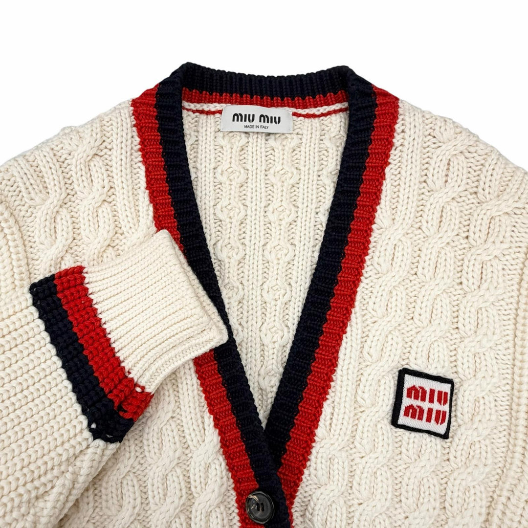 極美品◇Miu Miu ミュウ ミュウ 2022年製 MMF665 ウール100％ ロゴワッペン付 ケーブルニット カーディガン 36 正規品 レディース メンズ