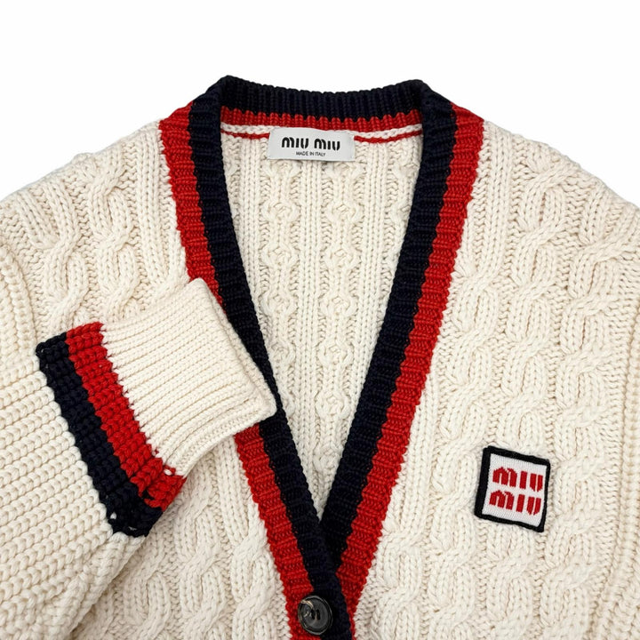 極美品◇Miu Miu ミュウ ミュウ 2022年製 MMF665 ウール100％ ロゴワッペン付 ケーブルニット カーディガン 36 正規品 レディース メンズ