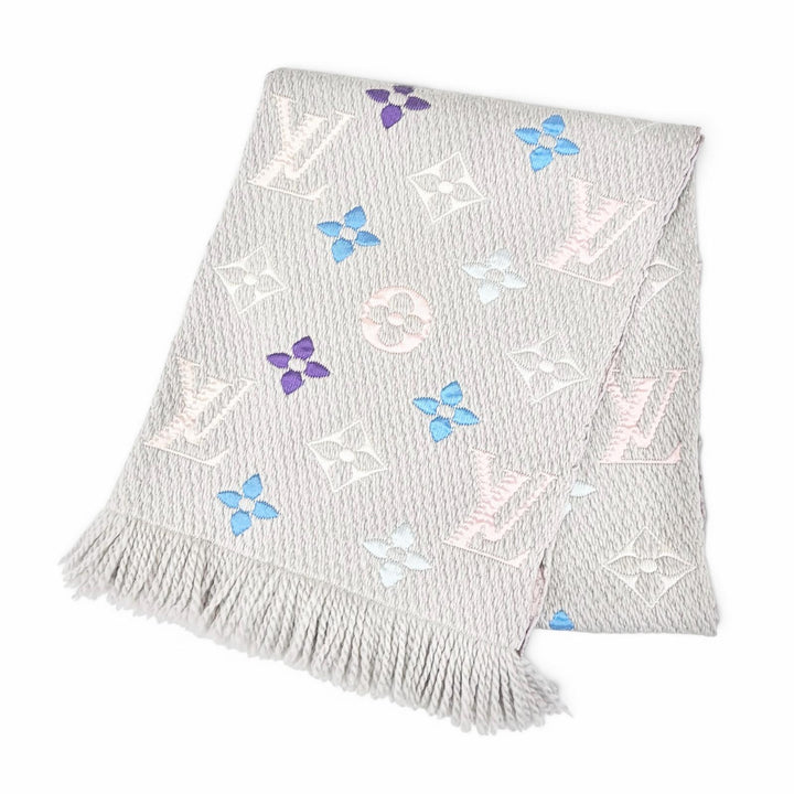 美品△LOUIS VUITTON ルイヴィトン M75874 エシャルプ ロゴマニア レインボー ウール シルク モノグラム マフラー グレー マルチ 正規品