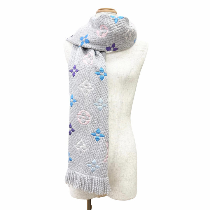 美品△LOUIS VUITTON ルイヴィトン M75874 エシャルプ ロゴマニア レインボー ウール シルク モノグラム マフラー グレー マルチ 正規品