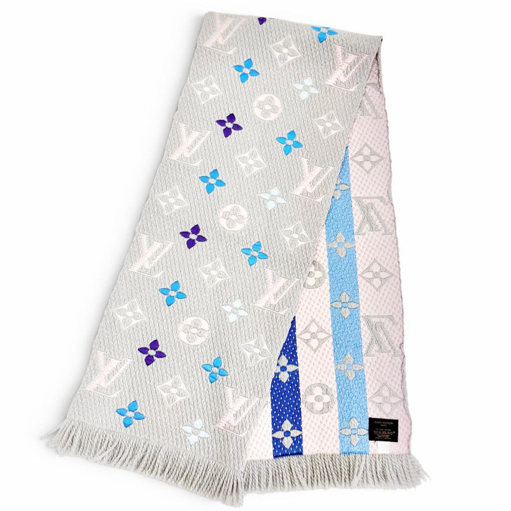 美品△LOUIS VUITTON ルイヴィトン M75874 エシャルプ ロゴマニア レインボー ウール シルク モノグラム マフラー グレー マルチ 正規品