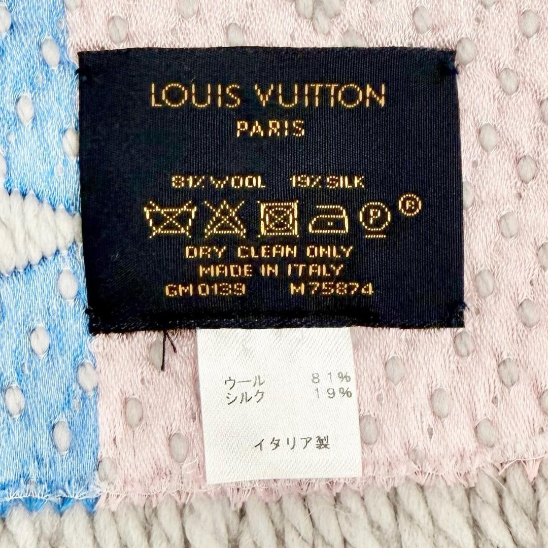美品△LOUIS VUITTON ルイヴィトン M75874 エシャルプ ロゴマニア レインボー ウール シルク モノグラム マフラー グレー マルチ 正規品