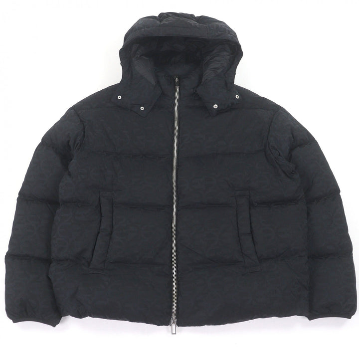 美品□EMPORIO ARMANI エンポリオ アルマーニ 2021年製 黒タグ ロゴ総柄 フーデッド ダウンジャケット ブラック系 56/希少サイズ 正規品