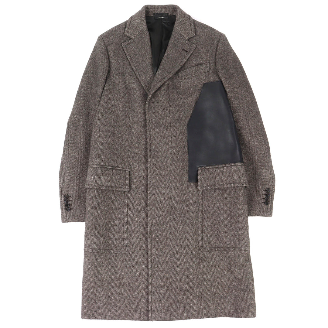 未使用品△HERMES エルメス 23AW 361220H8 ウール100％ レザー使い シングル チェスターコート ブラウン 46 イタリア製 正規品 メンズ