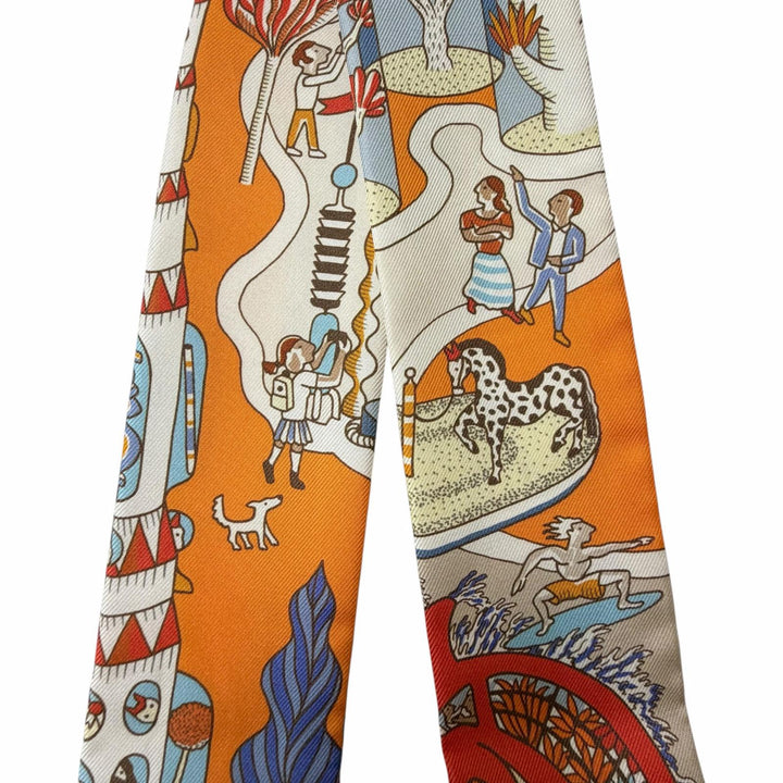 極美品◇HERMES エルメス ツイリー Exposition Universelle 万博博覧会 シルク100％ スカーフ オレンジ マルチ フランス製 レディース