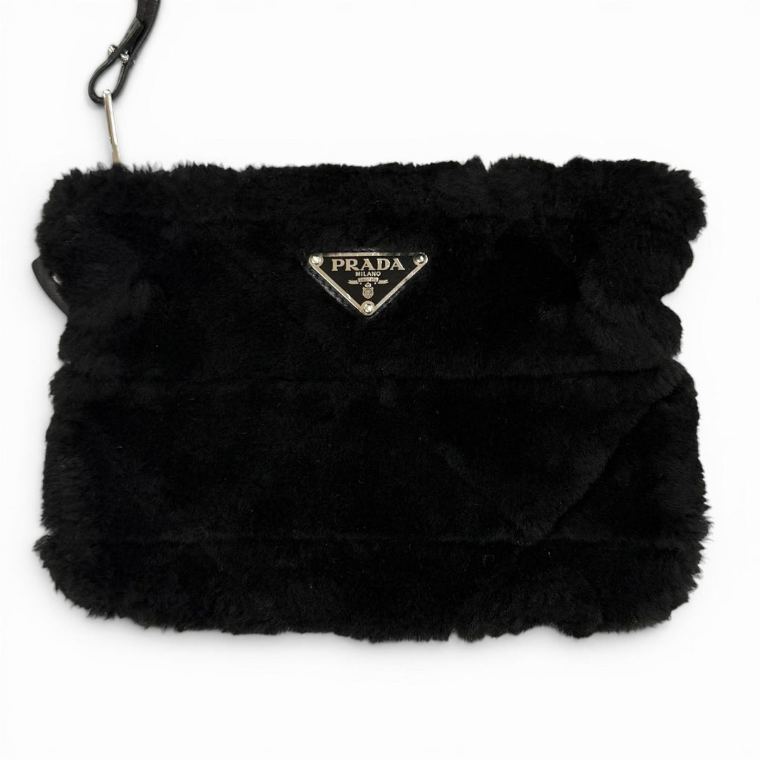 極美品★PRADA プラダ 1BG378 ポーチ付 トライアングルロゴ 2WAY ムートン ファー バッグ ショルダーバッグ ブラック 保存袋付き