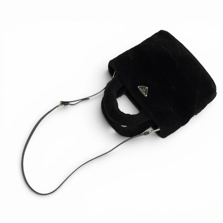 極美品★PRADA プラダ 1BG378 ポーチ付 トライアングルロゴ 2WAY ムートン ファー バッグ ショルダーバッグ ブラック 保存袋付き