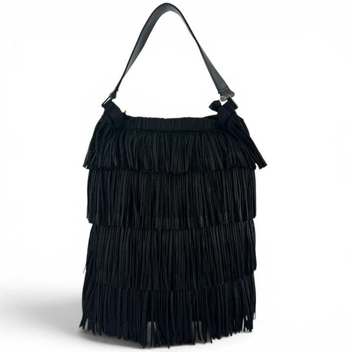 極美品▲PLEATS PLEASE プリーツプリーズ イッセイミヤケ PP32-AG433 レザー使い フリンジ トートバッグ ブラック 正規品 レディース