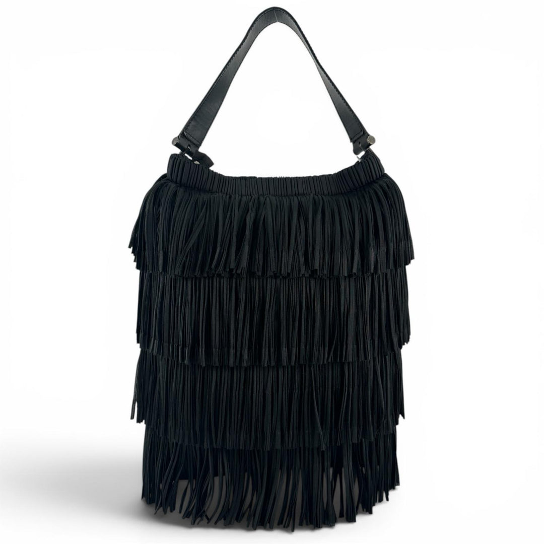 極美品▲PLEATS PLEASE プリーツプリーズ イッセイミヤケ PP32-AG433 レザー使い フリンジ トートバッグ ブラック 正規品 レディース