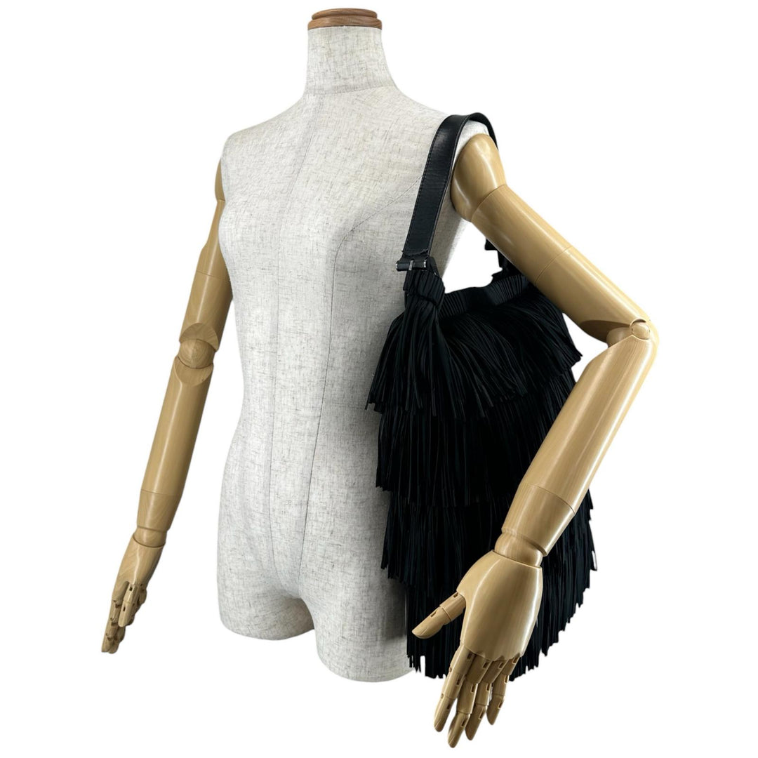 極美品▲PLEATS PLEASE プリーツプリーズ イッセイミヤケ PP32-AG433 レザー使い フリンジ トートバッグ ブラック 正規品 レディース