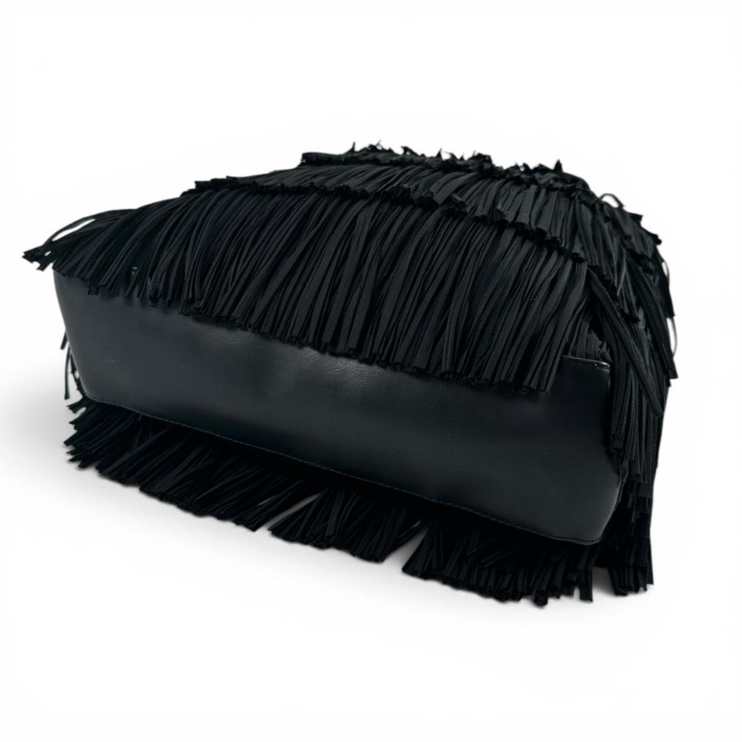 極美品▲PLEATS PLEASE プリーツプリーズ イッセイミヤケ PP32-AG433 レザー使い フリンジ トートバッグ ブラック 正規品 レディース
