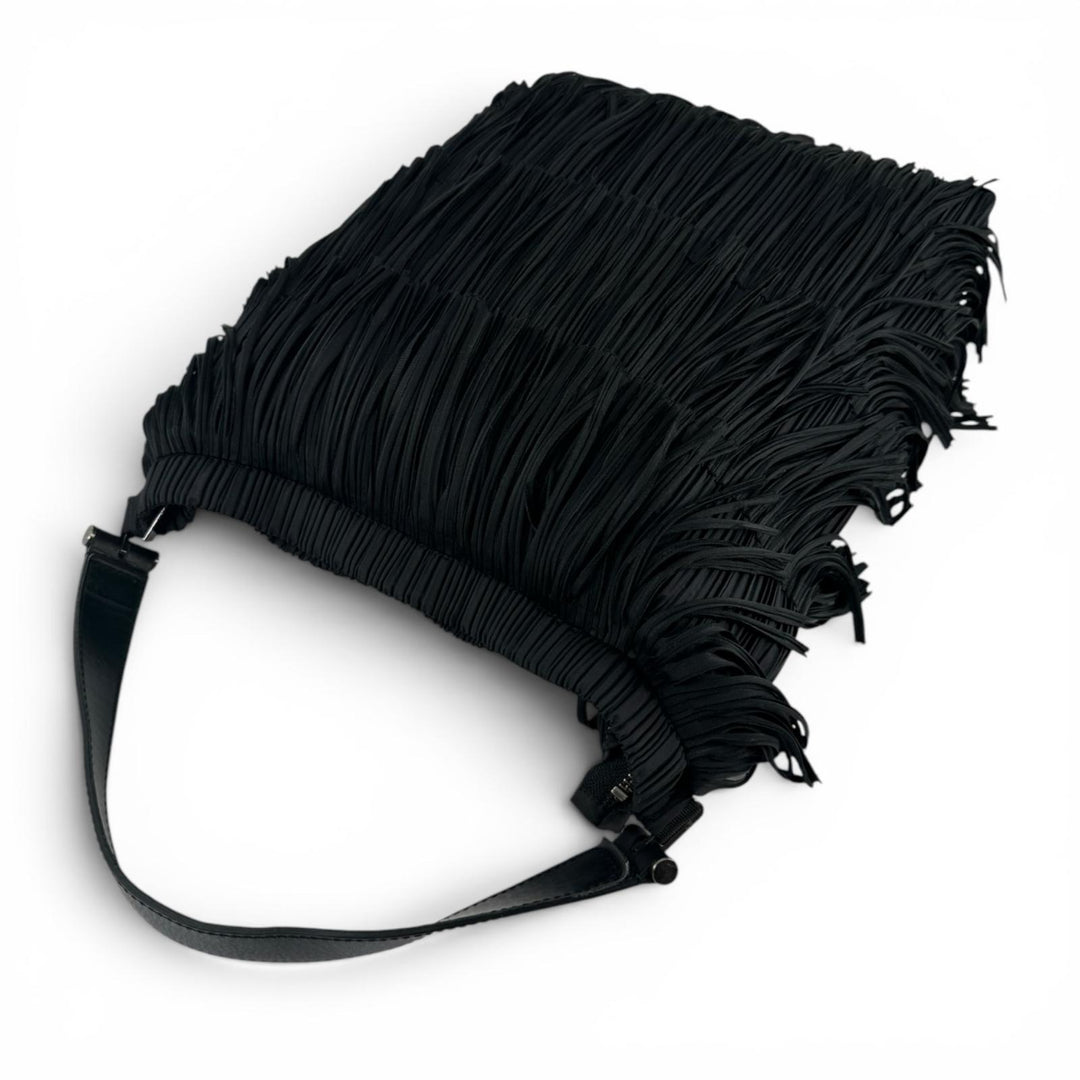 極美品▲PLEATS PLEASE プリーツプリーズ イッセイミヤケ PP32-AG433 レザー使い フリンジ トートバッグ ブラック 正規品 レディース