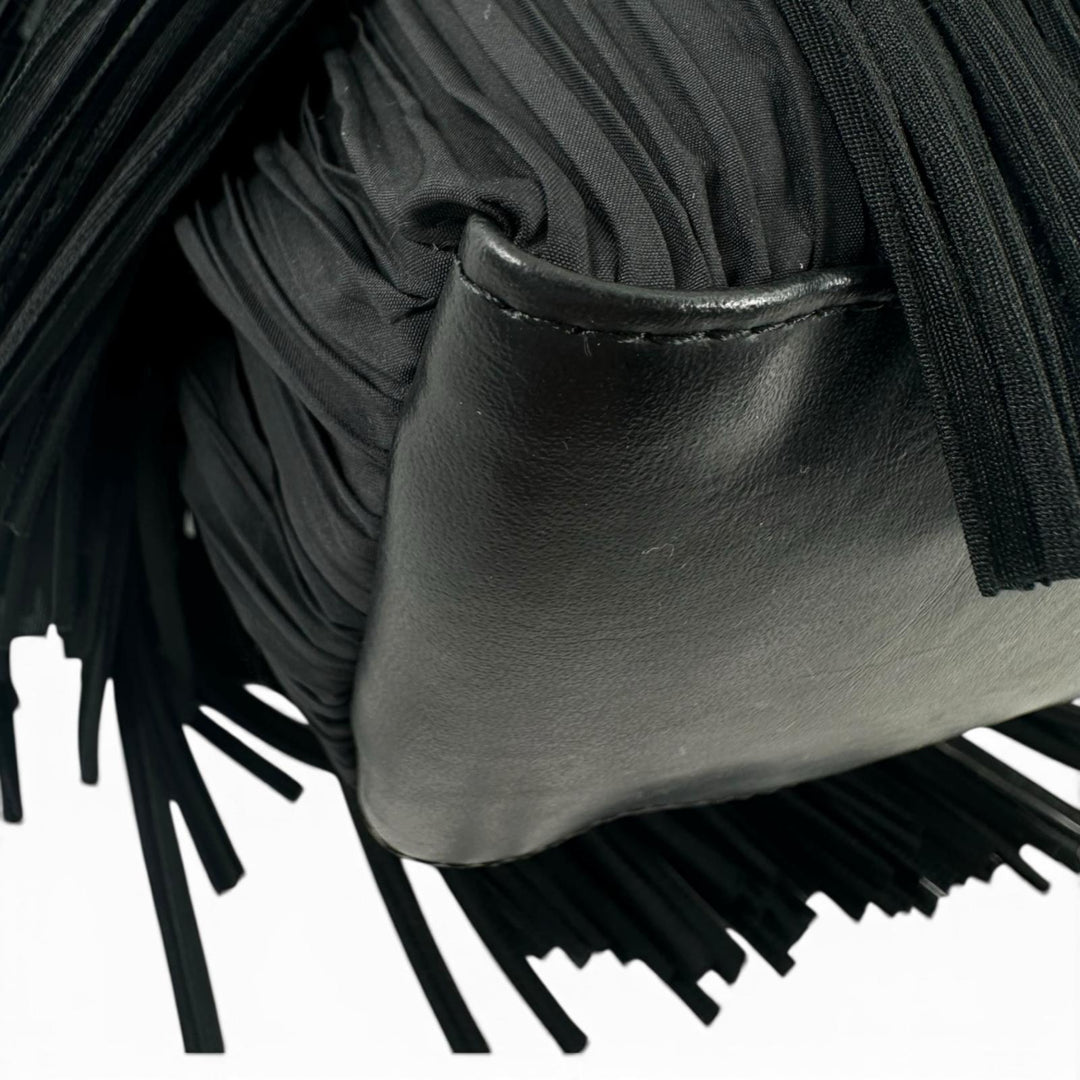 極美品▲PLEATS PLEASE プリーツプリーズ イッセイミヤケ PP32-AG433 レザー使い フリンジ トートバッグ ブラック 正規品 レディース