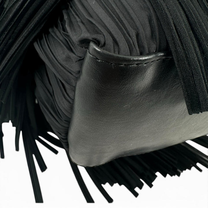 極美品▲PLEATS PLEASE プリーツプリーズ イッセイミヤケ PP32-AG433 レザー使い フリンジ トートバッグ ブラック 正規品 レディース