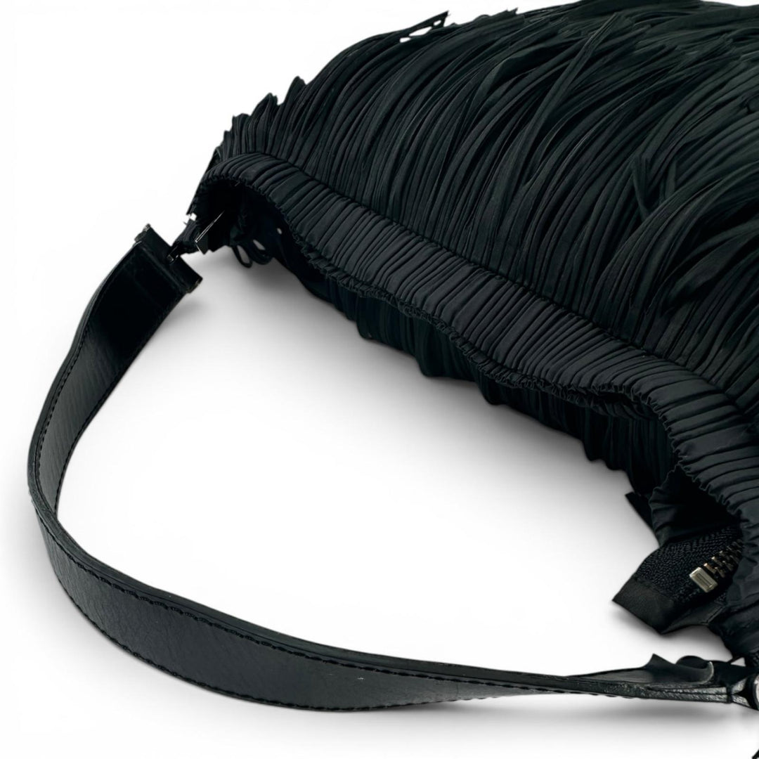 極美品▲PLEATS PLEASE プリーツプリーズ イッセイミヤケ PP32-AG433 レザー使い フリンジ トートバッグ ブラック 正規品 レディース
