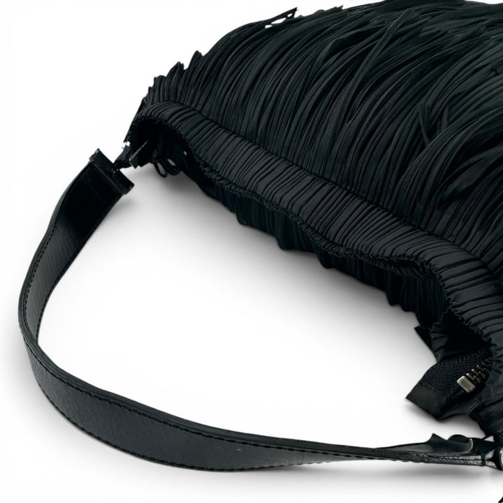 極美品▲PLEATS PLEASE プリーツプリーズ イッセイミヤケ PP32-AG433 レザー使い フリンジ トートバッグ ブラック 正規品 レディース