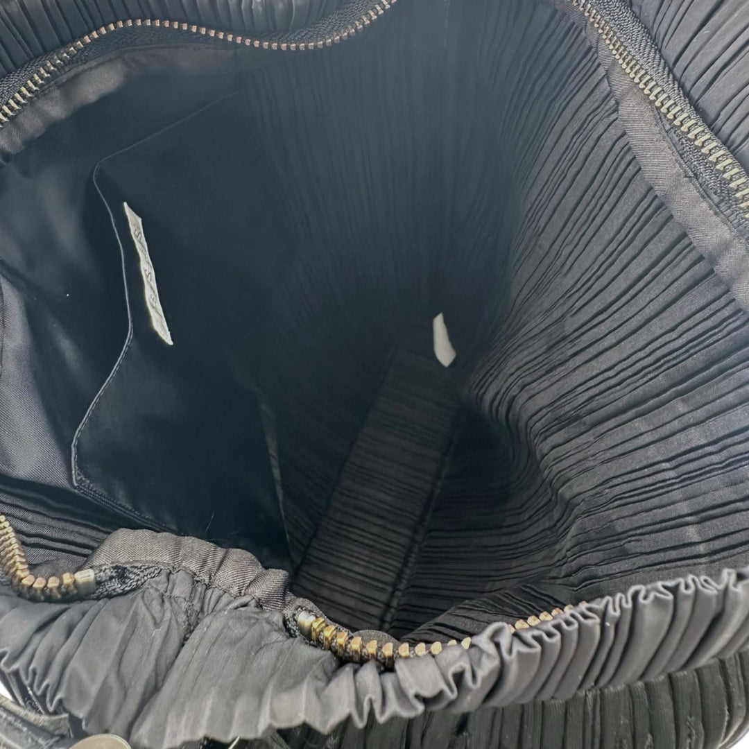 極美品▲PLEATS PLEASE プリーツプリーズ イッセイミヤケ PP32-AG433 レザー使い フリンジ トートバッグ ブラック 正規品 レディース