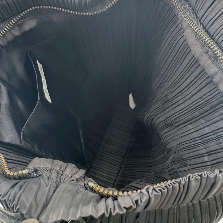 極美品▲PLEATS PLEASE プリーツプリーズ イッセイミヤケ PP32-AG433 レザー使い フリンジ トートバッグ ブラック 正規品 レディース