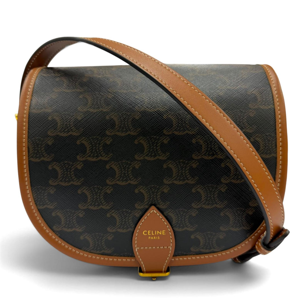 美品☆CELINE セリーヌ 19150 ミディアム フォルコ トリオンフキャンバス ショルダーバッグ タン ブラウン イタリア製 保存袋付き