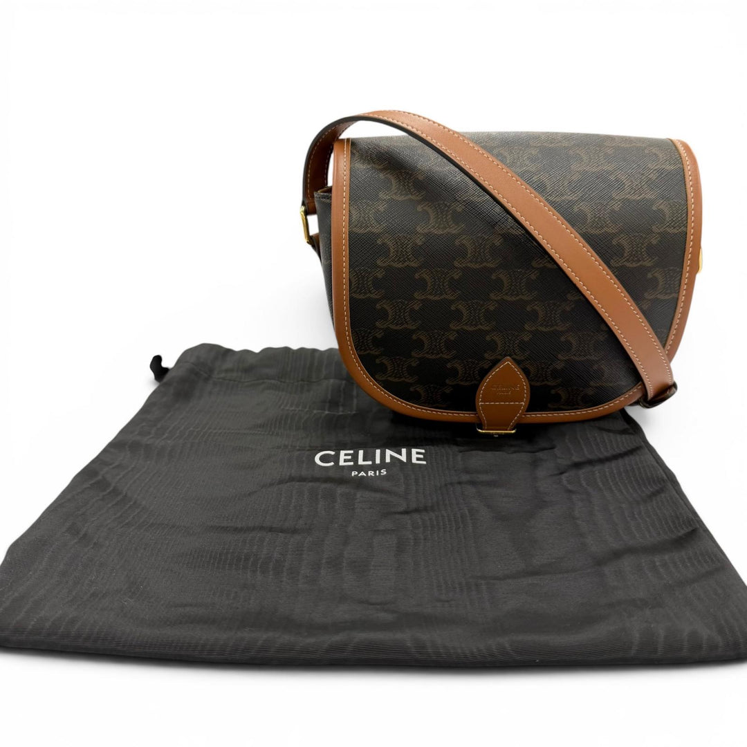 美品☆CELINE セリーヌ 19150 ミディアム フォルコ トリオンフキャンバス ショルダーバッグ タン ブラウン イタリア製 保存袋付き