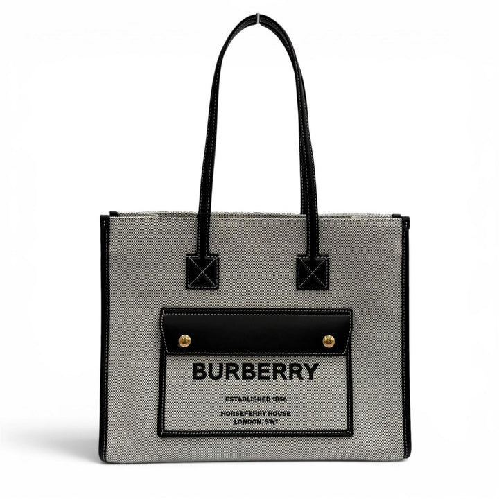 未使用品★BURBERRY バーバリー 8044137 フレヤトート ブラック ロゴデザイン レザー使い キャンバス トートバッグ 保存袋付