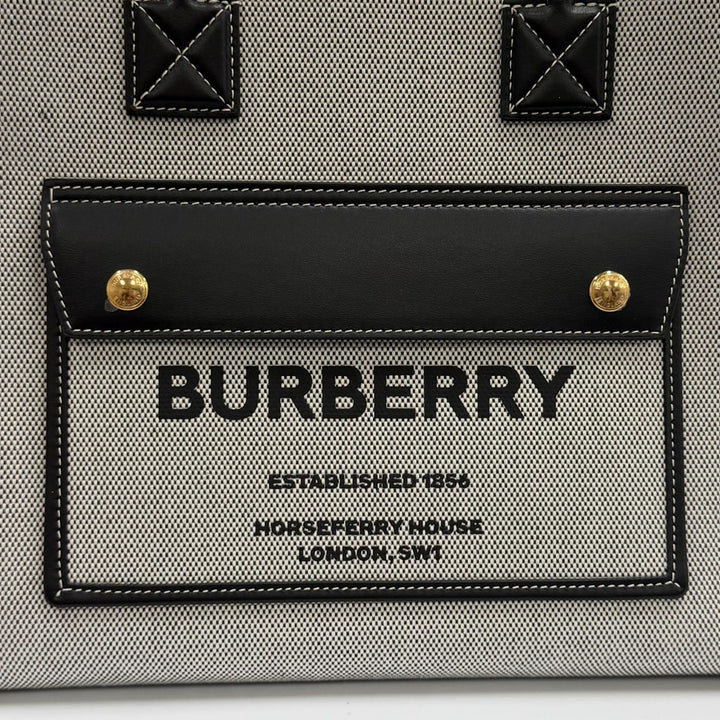 未使用品★BURBERRY バーバリー 8044137 フレヤトート ブラック ロゴデザイン レザー使い キャンバス トートバッグ 保存袋付