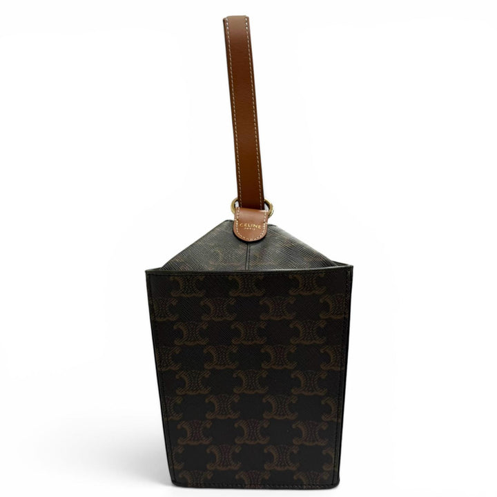 極美品△CELINE セリーヌ 19714 ストラップボックス トリオンフキャンバス ハンドバッグ ハンドバッグ タン ブラウン 伊製 レディース