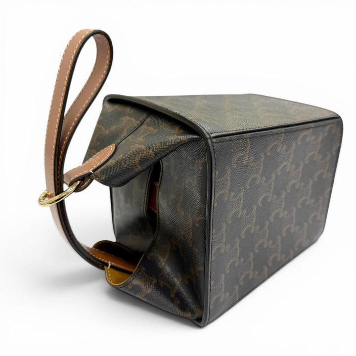 極美品△CELINE セリーヌ 19714 ストラップボックス トリオンフキャンバス ハンドバッグ ハンドバッグ タン ブラウン 伊製 レディース