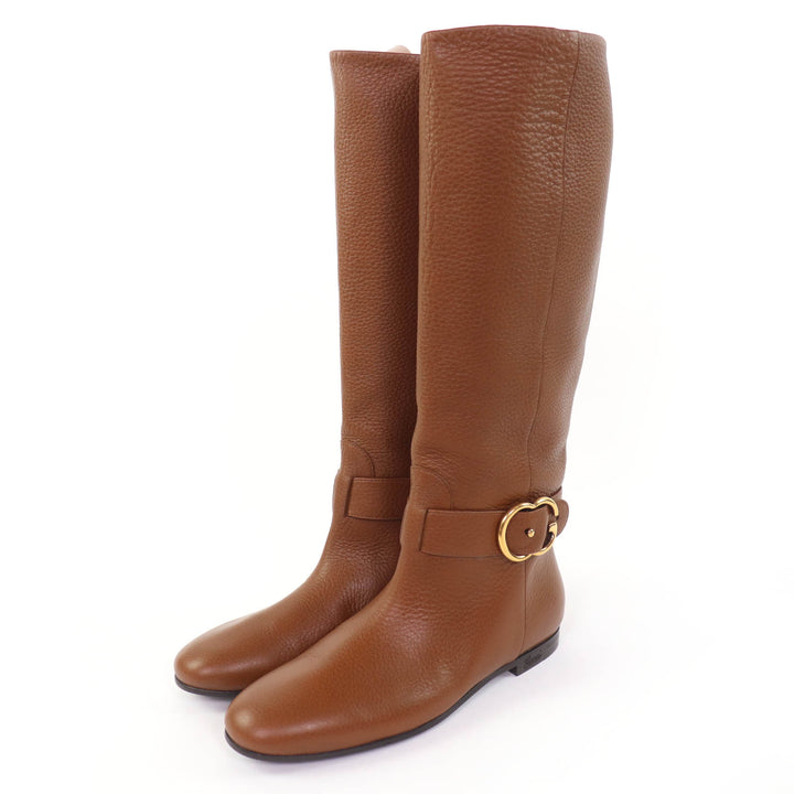極美品☆GUCCI グッチ 270205 GG金具 レザー ロングブーツ ブラウン ゴールド金具 36 イタリア製 レディース 保存袋付き