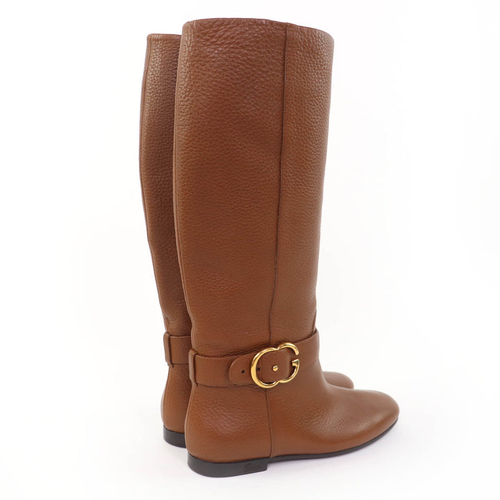 極美品☆GUCCI グッチ 270205 GG金具 レザー ロングブーツ ブラウン ゴールド金具 36 イタリア製 レディース 保存袋付き