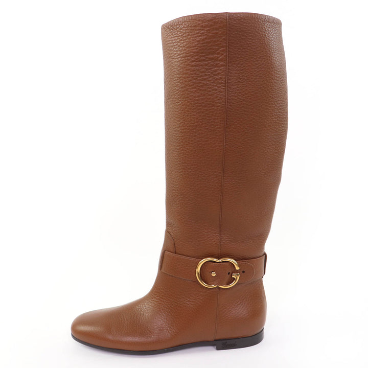 極美品☆GUCCI グッチ 270205 GG金具 レザー ロングブーツ ブラウン ゴールド金具 36 イタリア製 レディース 保存袋付き