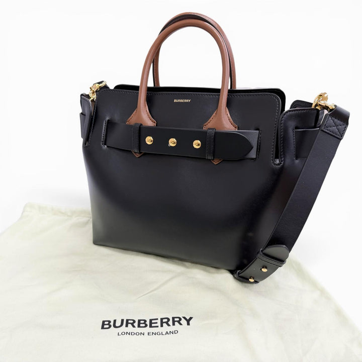 美品△BURBERRY バーバリー 8021279 ベルトバッグ スモール SM 2WAY レザー トートバッグ ショルダーバッグ ブラック ブラウン 保存袋付