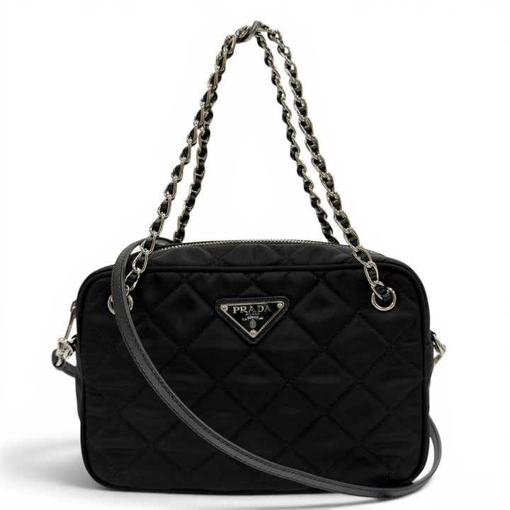 極美品☆PRADA プラダ 1BH910 テスートインプントゥ トライアングルロゴ レザー使い 2WAYハンドバッグ ショルダーバッグ ブラック