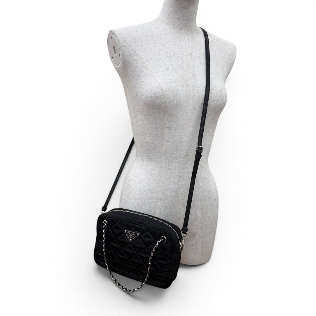 極美品☆PRADA プラダ 1BH910 テスートインプントゥ トライアングルロゴ レザー使い 2WAYハンドバッグ ショルダーバッグ ブラック
