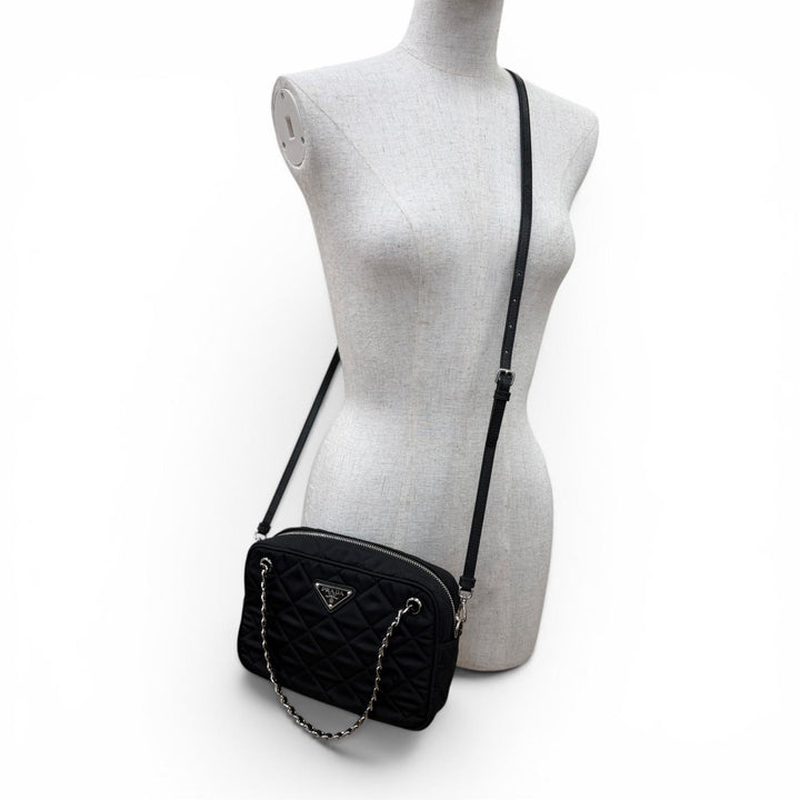 極美品☆PRADA プラダ 1BH910 テスートインプントゥ トライアングルロゴ レザー使い 2WAYハンドバッグ ショルダーバッグ ブラック