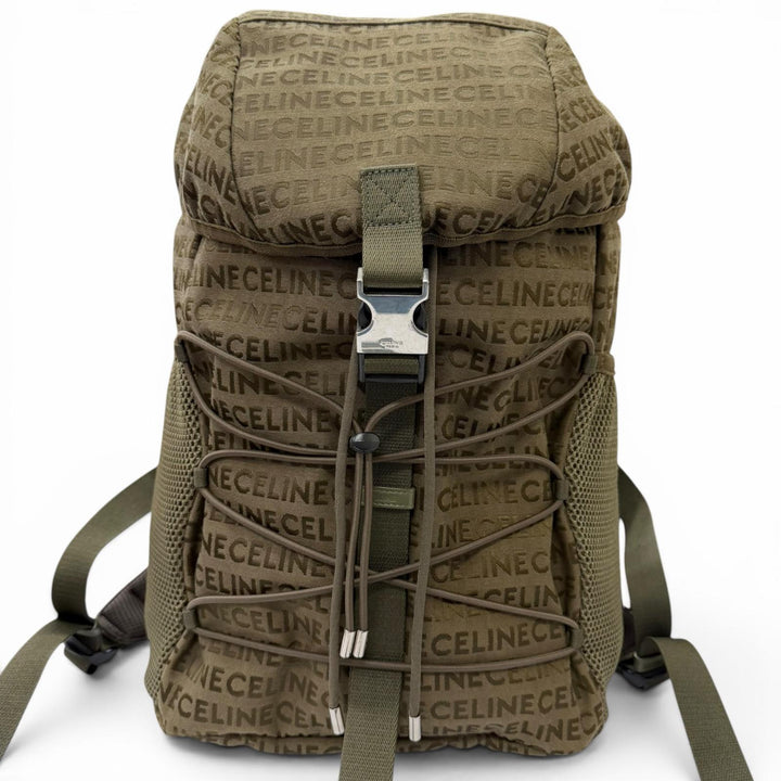 極美品□CELINE セリーヌ 198462 キャンバス 一部レザー ロゴ総柄 トレッキング リュックサック デイパック カーキ メンズ 保存袋付き