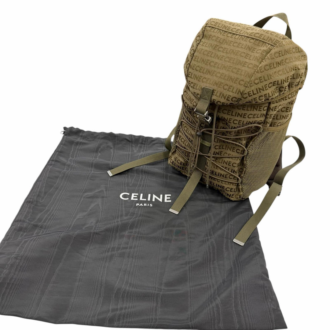 極美品□CELINE セリーヌ 198462 キャンバス 一部レザー ロゴ総柄 トレッキング リュックサック デイパック カーキ メンズ 保存袋付き