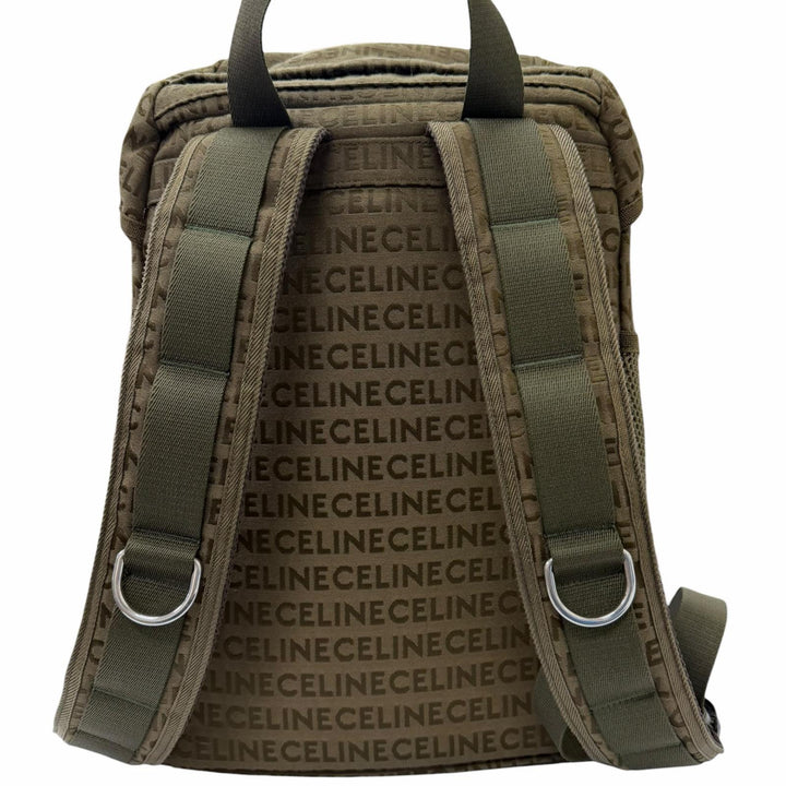 極美品□CELINE セリーヌ 198462 キャンバス 一部レザー ロゴ総柄 トレッキング リュックサック デイパック カーキ メンズ 保存袋付き