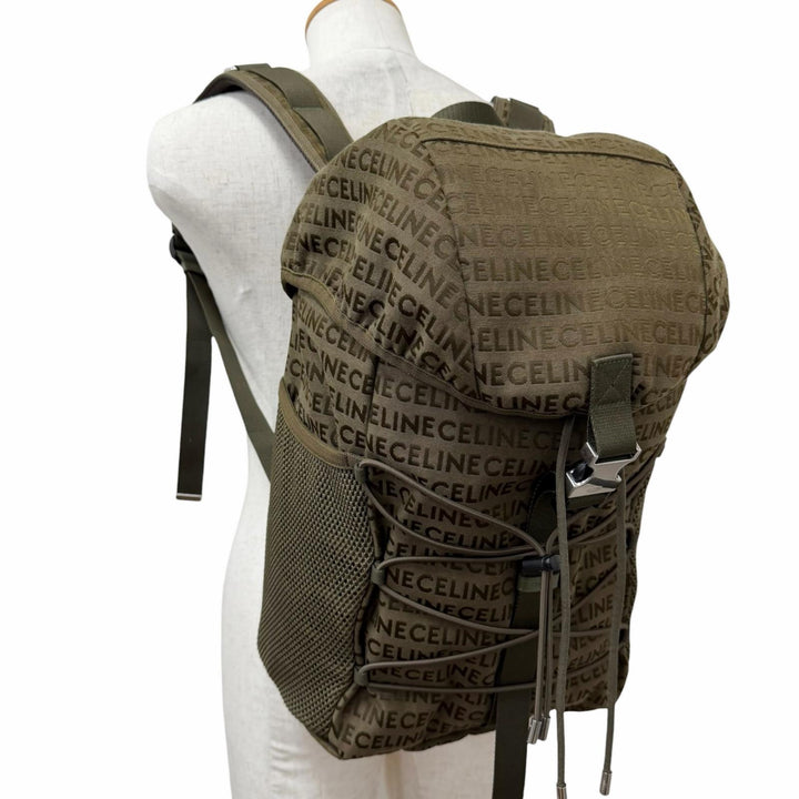 極美品□CELINE セリーヌ 198462 キャンバス 一部レザー ロゴ総柄 トレッキング リュックサック デイパック カーキ メンズ 保存袋付き