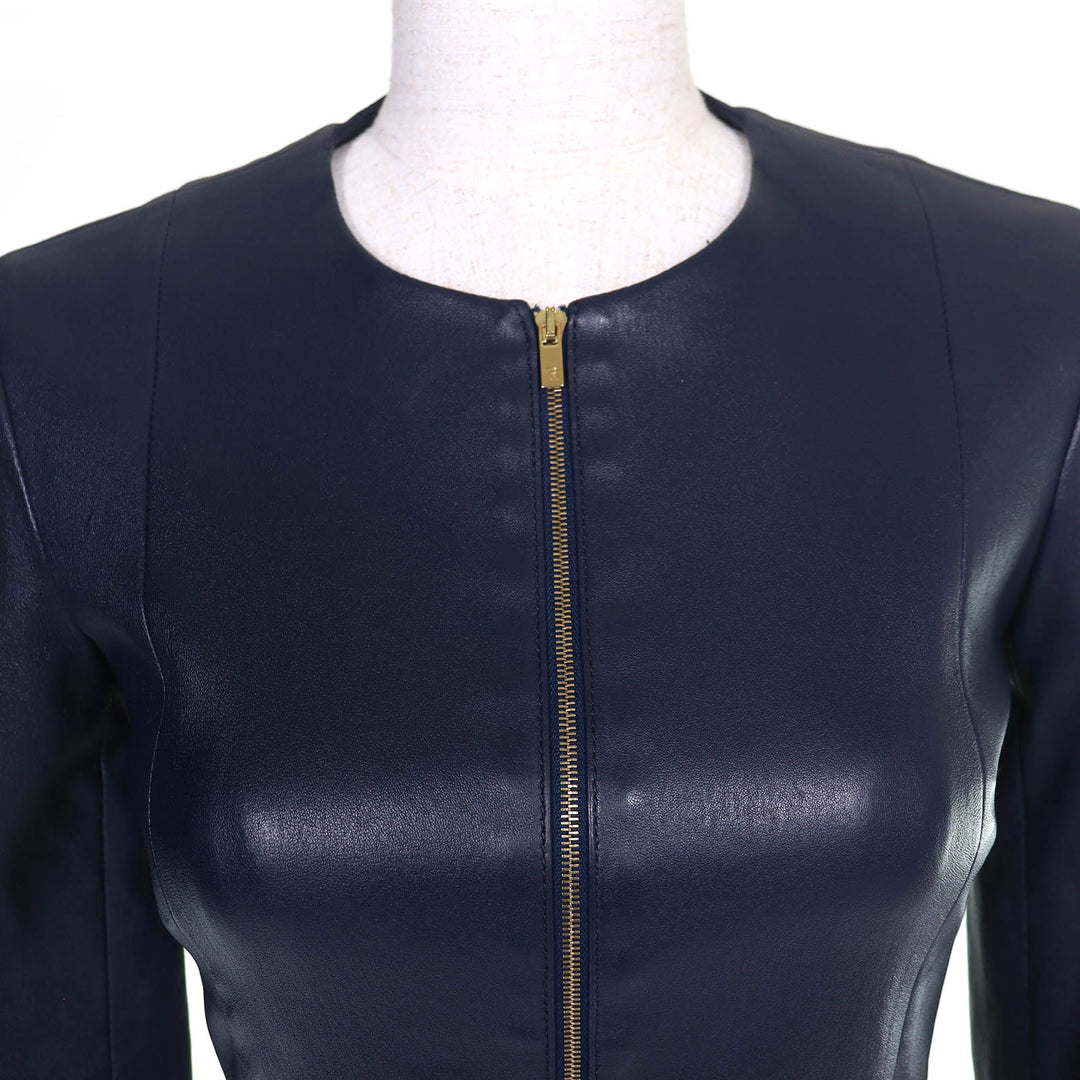 極美品△THE ROW ザロウ Anasta アナステ ラムレザー ノーカラージャケット 美シルエット ネイビー 0 USA製 正規品 レディース