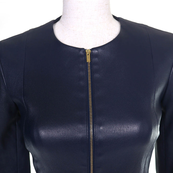 極美品△THE ROW ザロウ Anasta アナステ ラムレザー ノーカラージャケット 美シルエット ネイビー 0 USA製 正規品 レディース