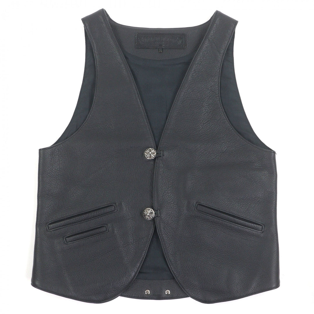 極美品□CHROME HEARTS クロムハーツ クラシック 2B クロスボールボタン スクロールラベル レザーベスト ブラック S USA製 正規品 メンズ