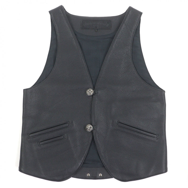 極美品□CHROME HEARTS クロムハーツ クラシック 2B クロスボールボタン スクロールラベル レザーベスト ブラック S USA製 正規品 メンズ