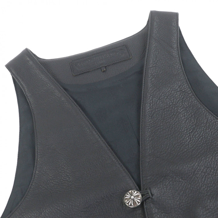 極美品□CHROME HEARTS クロムハーツ クラシック 2B クロスボールボタン スクロールラベル レザーベスト ブラック S USA製 正規品 メンズ