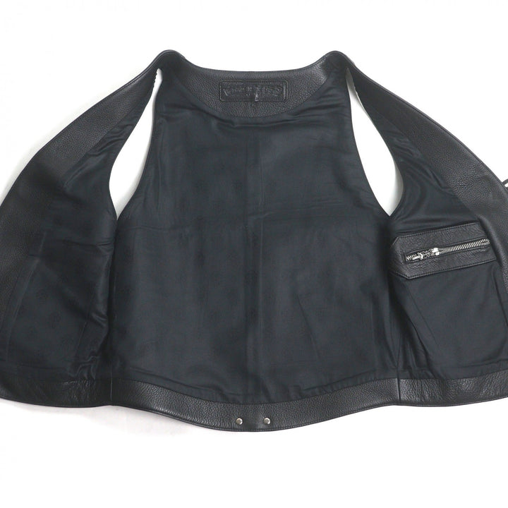 極美品□CHROME HEARTS クロムハーツ クラシック 2B クロスボールボタン スクロールラベル レザーベスト ブラック S USA製 正規品 メンズ