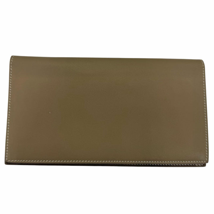 良品☆HERMES エルメス シチズンツイル ロング シルク使い エトゥープ シルバー金具 レザー ロングウォレット 長財布 W刻印 フランス製