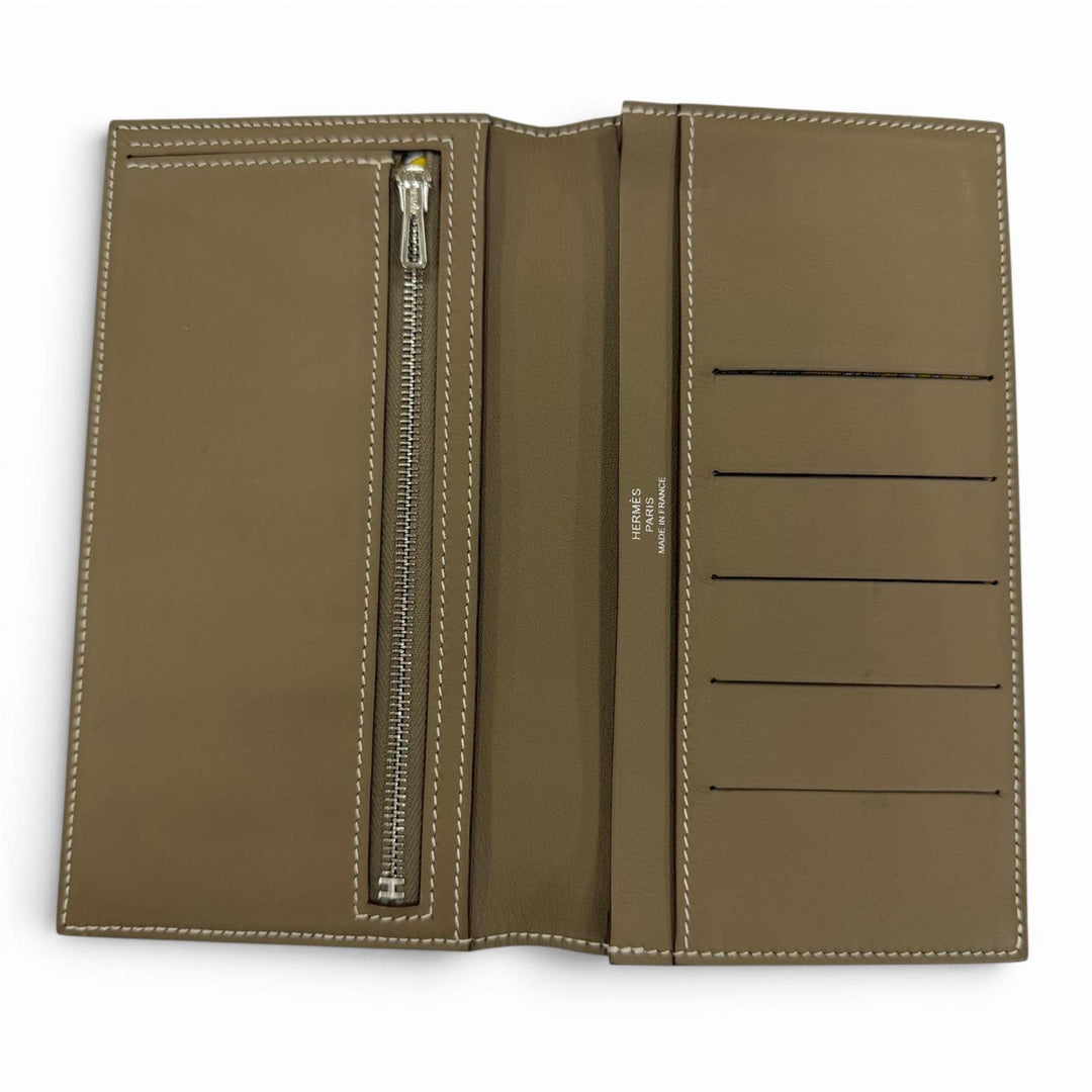 良品☆HERMES エルメス シチズンツイル ロング シルク使い エトゥープ シルバー金具 レザー ロングウォレット 長財布 W刻印 フランス製