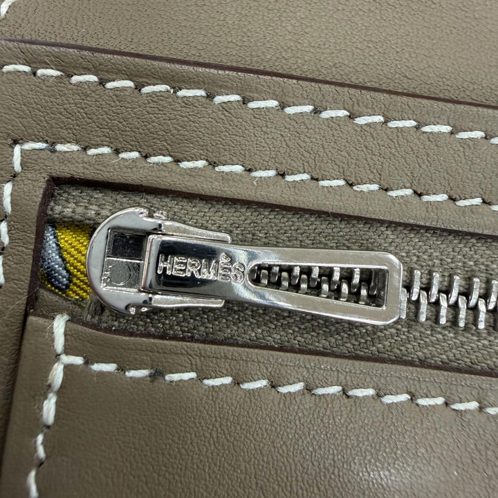 良品☆HERMES エルメス シチズンツイル ロング シルク使い エトゥープ シルバー金具 レザー ロングウォレット 長財布 W刻印 フランス製